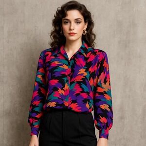 Vintage‎ 80s All Hours Paris Milan Abstract Brushstroke Blouse Bold Print Top XS